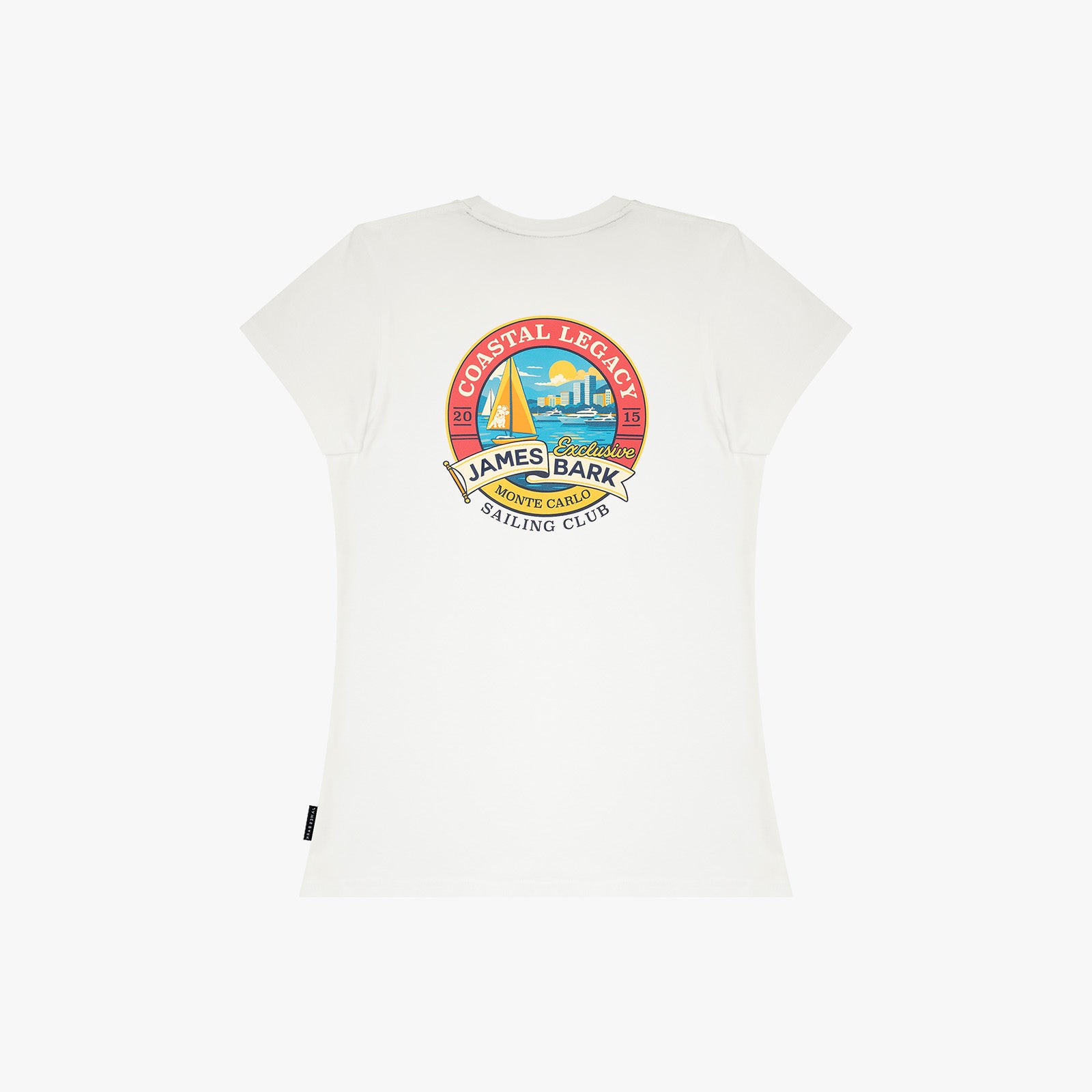 An off-white T-shirt featuring a colorful circular graphic on the chest that reads 'Coastal Legacy James Bark'.