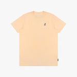 Beige t-shirt with a small logo on a white background
