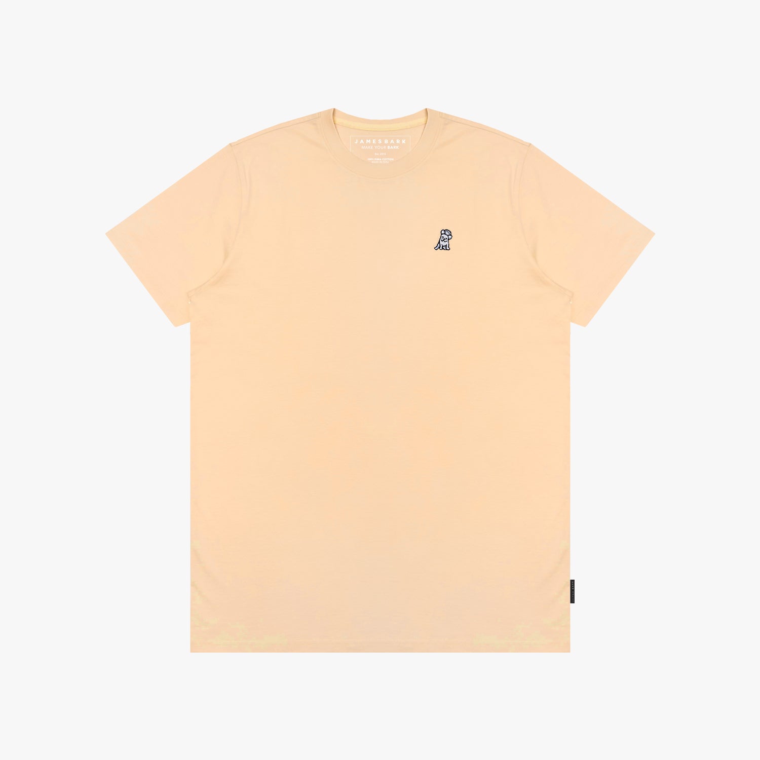 Beige t-shirt with a small logo on a white background