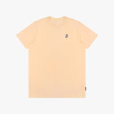 Beige t-shirt with a small logo on a white background