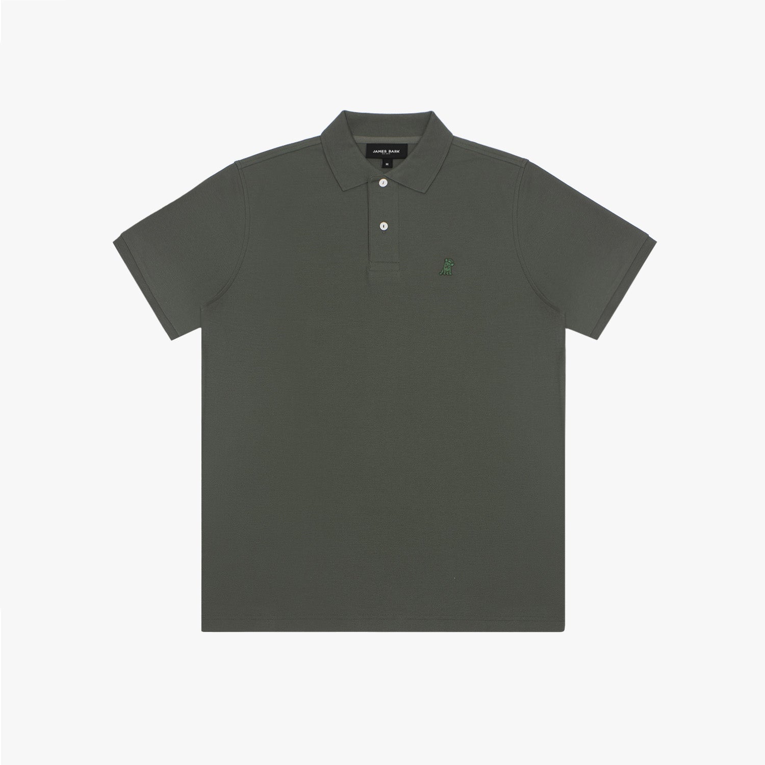 Dark green polo shirt with a small logo on a white background