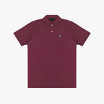 Maroon polo shirt with a small logo on a white background
