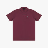 Maroon polo shirt with a small logo on a white background