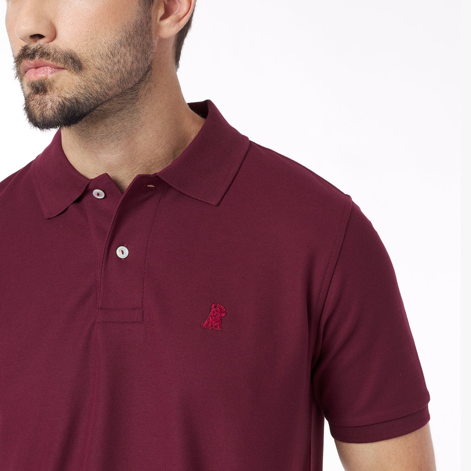 Close-up of a maroon polo shirt with a small logo on a white background