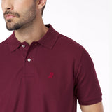 Close-up of a maroon polo shirt with a small logo on a white background