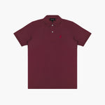 Maroon polo shirt with a red logo on a white background
