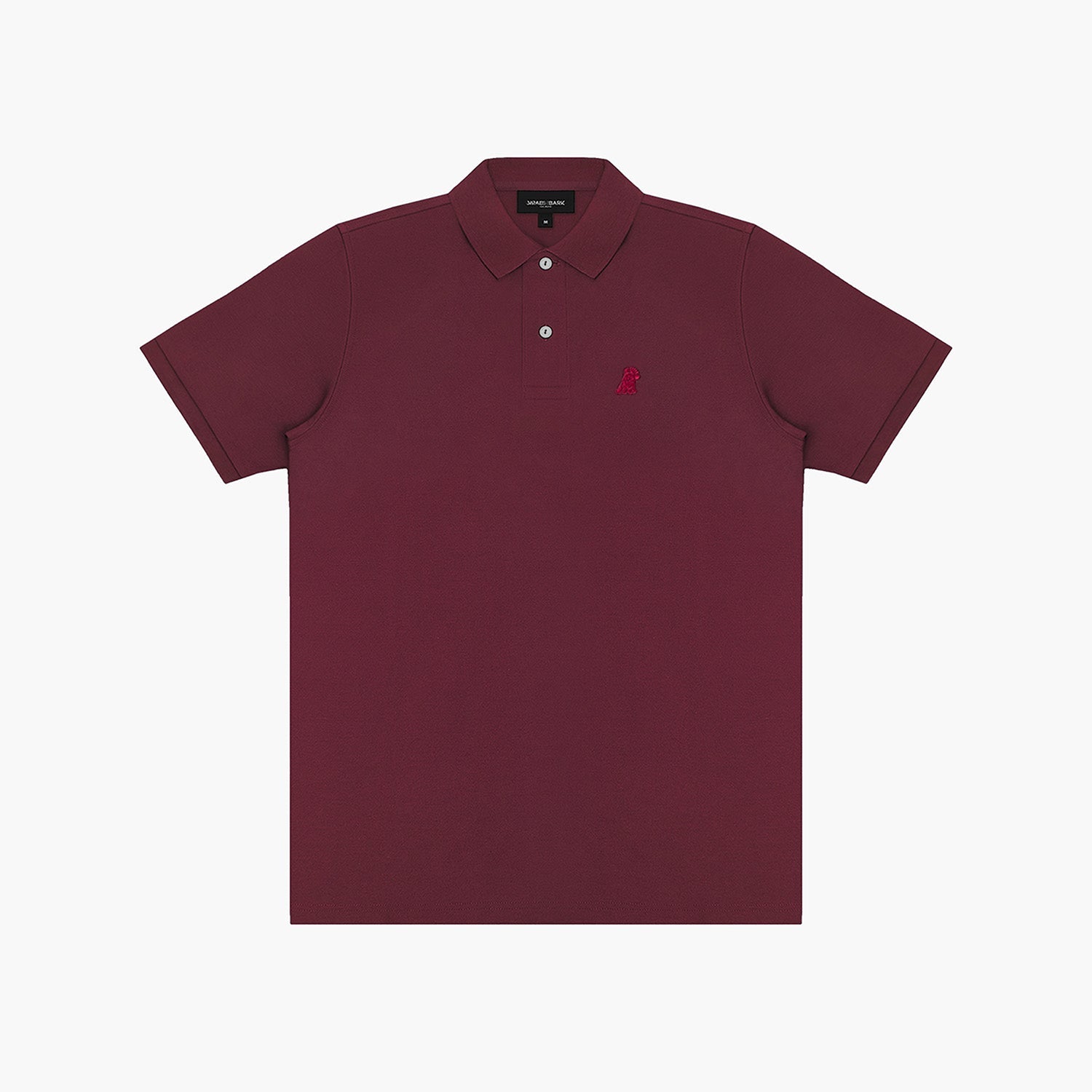 Maroon polo shirt with a red logo on a white background