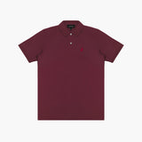 Maroon polo shirt with a red logo on a white background