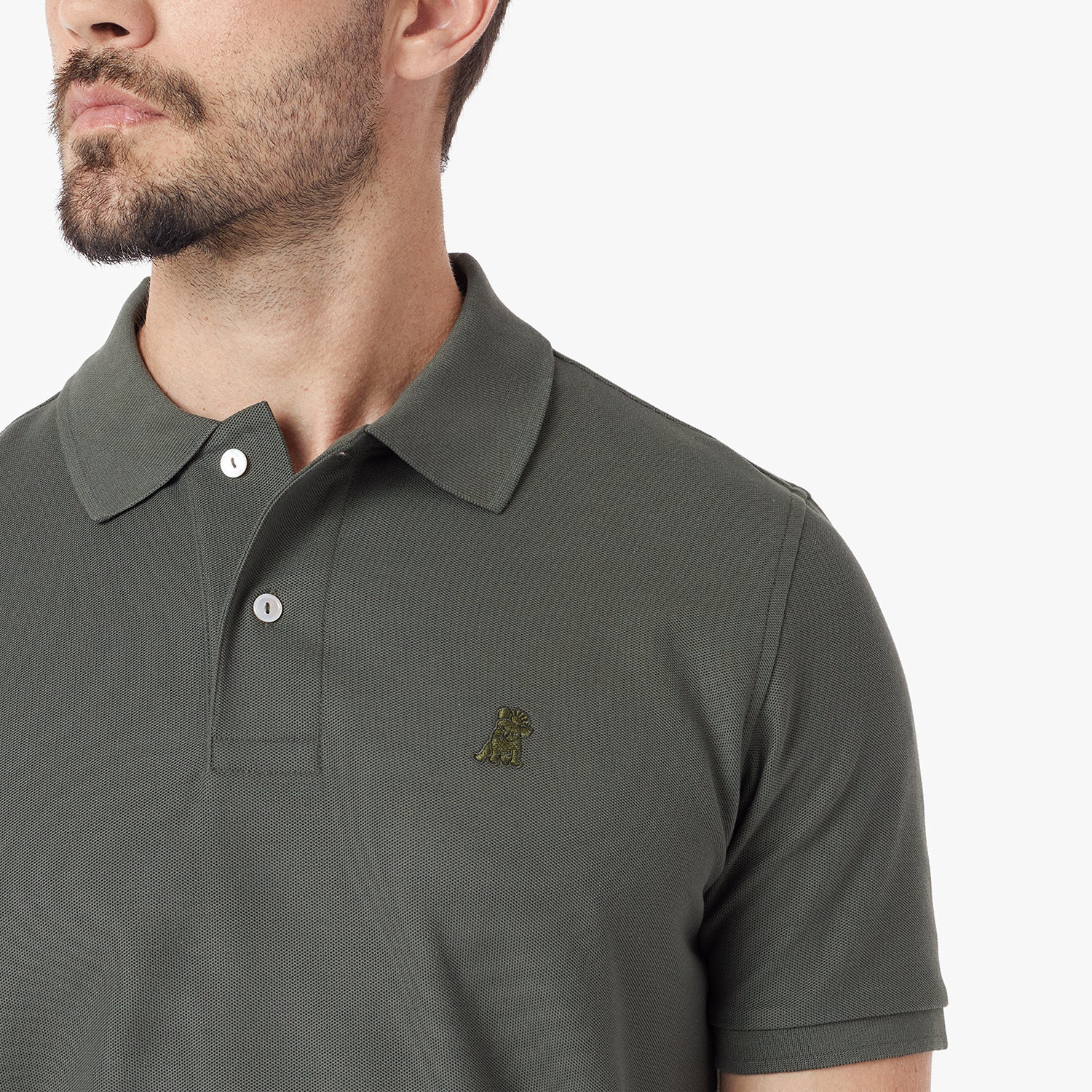 Close-up of a green polo shirt with a small logo on a white background
