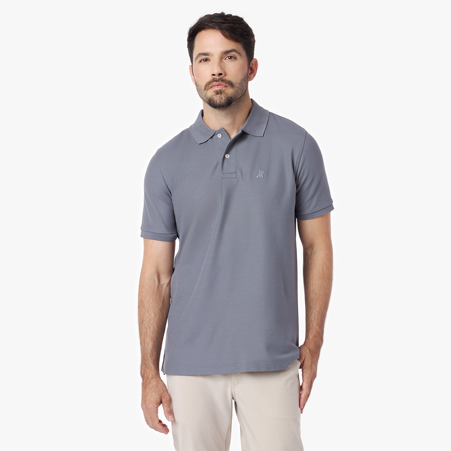 Man wearing a gray polo shirt on a white background