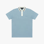Light blue polo shirt with white collar and black stripes on a white background