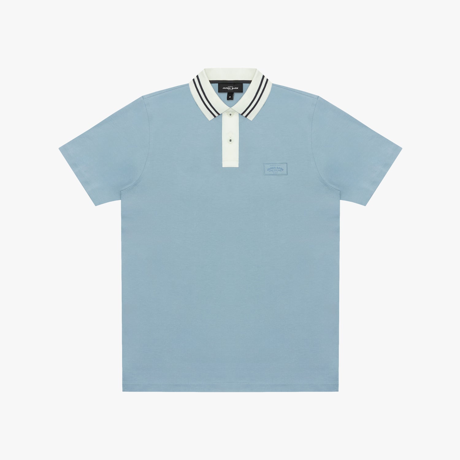 Light blue polo shirt with white collar and black stripes on a white background