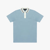 Light blue polo shirt with white collar and black stripes on a white background