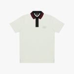 White polo shirt with black and red collar on a white background