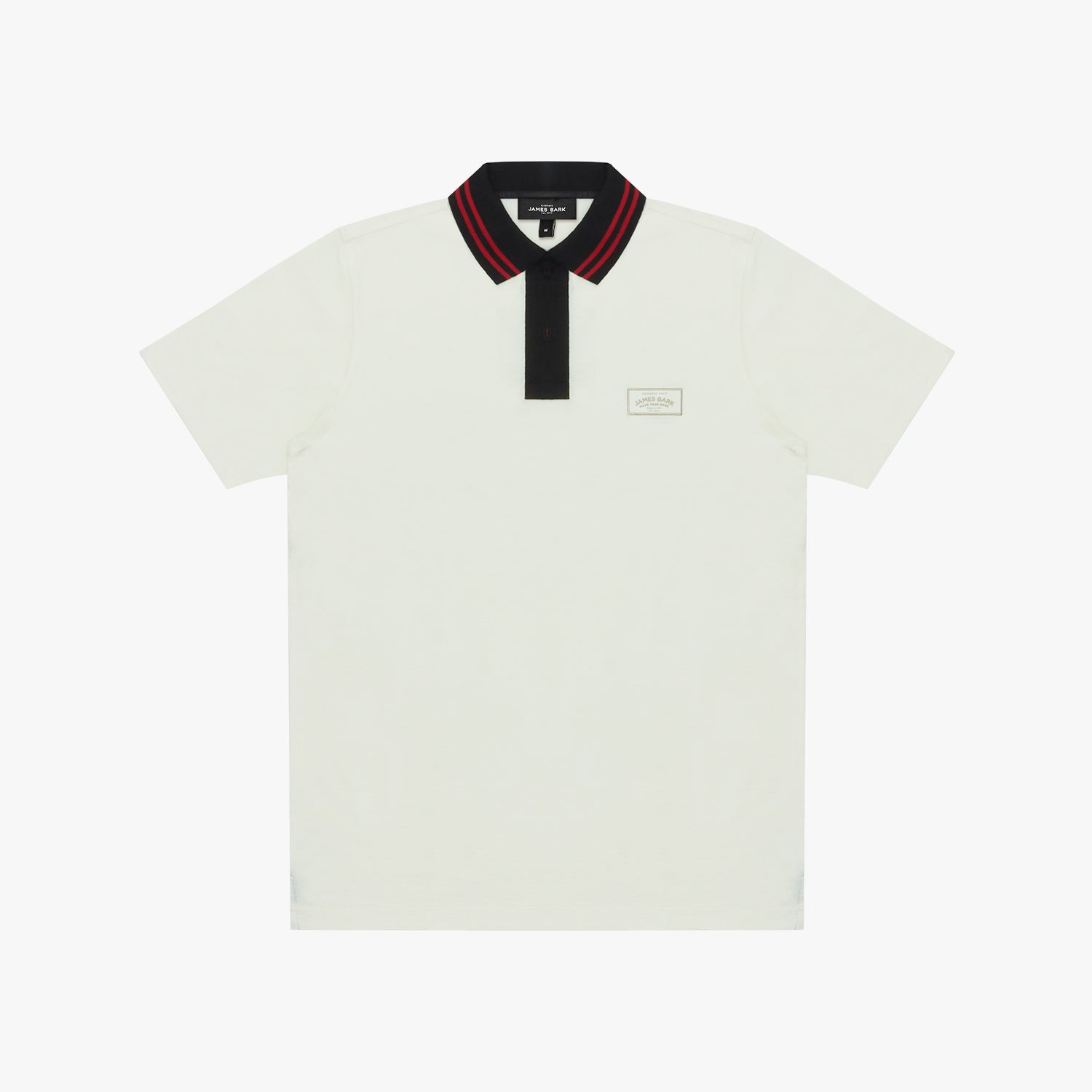 White polo shirt with black and red collar on a white background