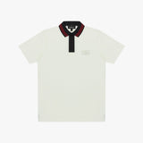 White polo shirt with black and red collar on a white background