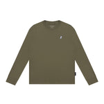 Olive green long-sleeve shirt with a small logo on a white background