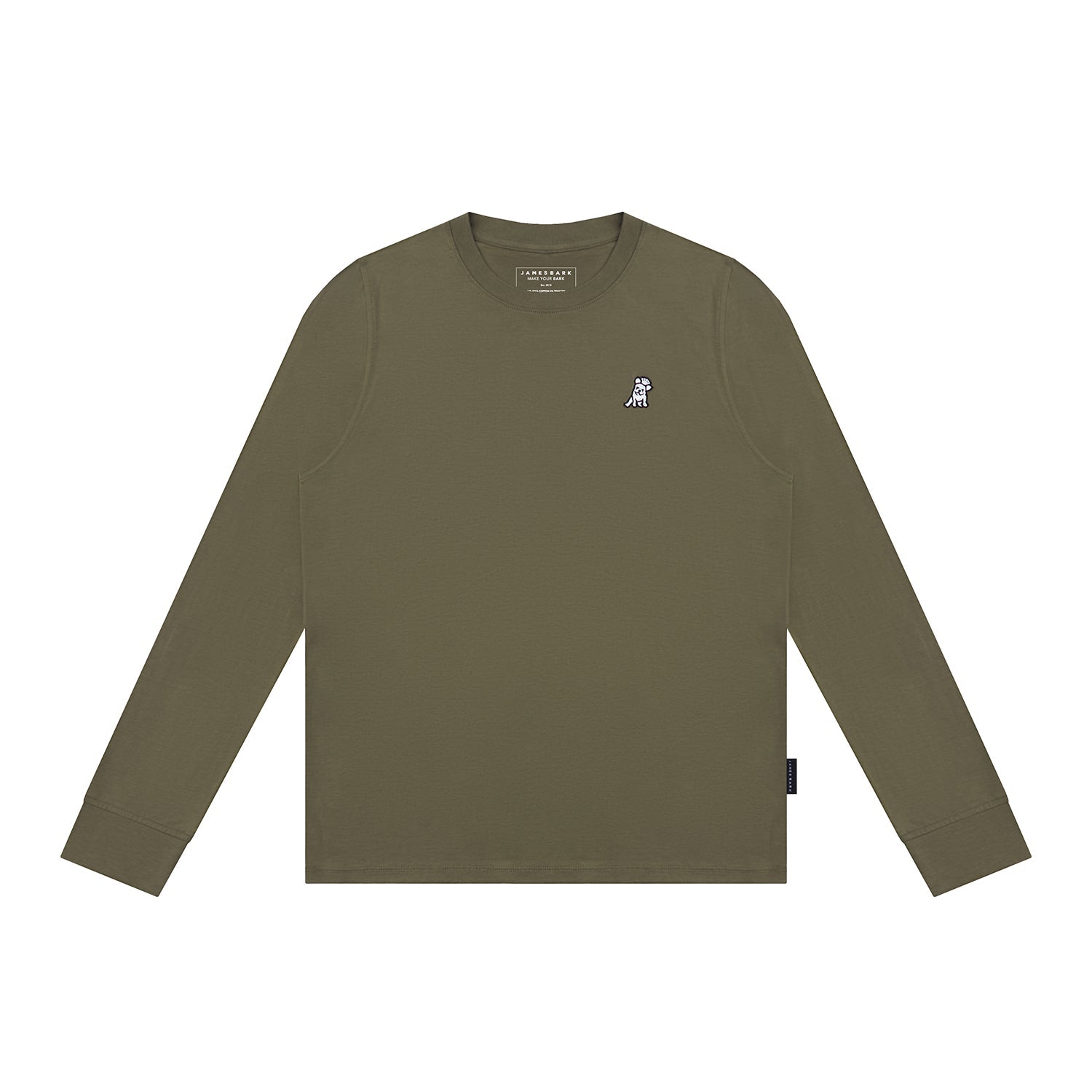 Olive green long-sleeve shirt with a small logo on a white background
