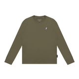 Olive green long-sleeve shirt with a small logo on a white background