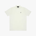 White polo shirt with a small logo on a white background