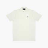 White polo shirt with a small logo on a white background