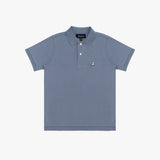A dusty blue polo shirt with a three-button placket and a small embroidered dog logo on the left chest, displayed flat against a light gray background.