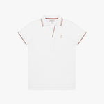 White polo shirt with thin brown accents on a white background