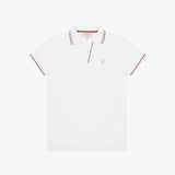 White polo shirt with thin brown accents on a white background