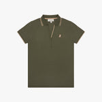 Green polo shirt with white trim on a white background