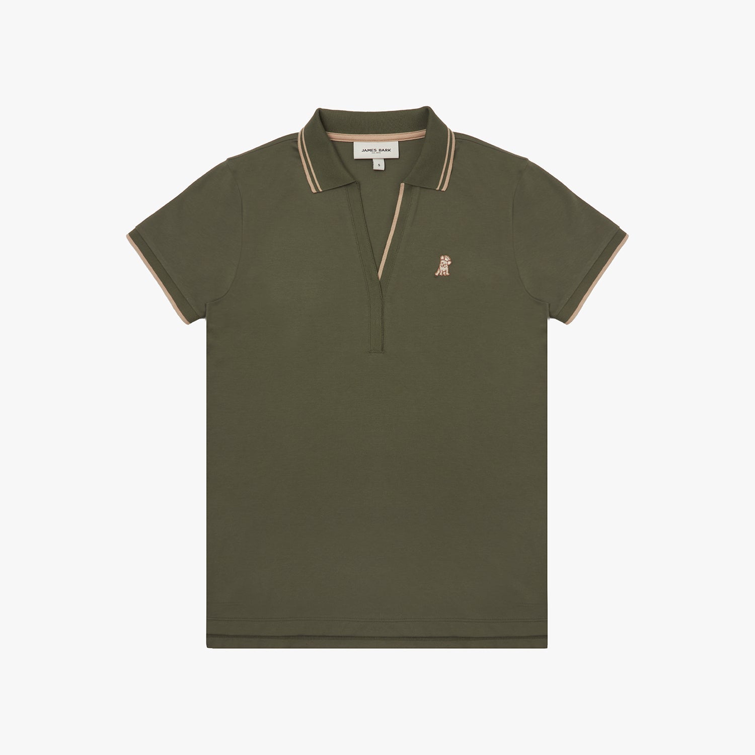 Green polo shirt with white trim on a white background