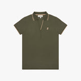 Green polo shirt with white trim on a white background