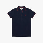 Navy blue polo shirt with red accents on a white background