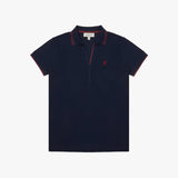 Navy blue polo shirt with red accents on a white background