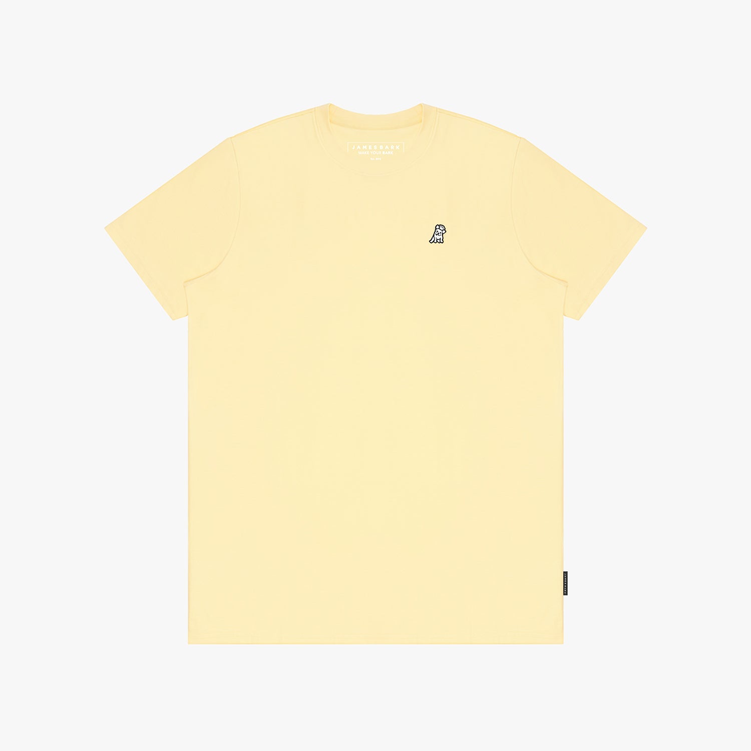 Yellow t-shirt with a small logo on the chest against a white background