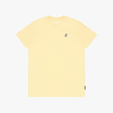 Yellow t-shirt with a small logo on the chest against a white background
