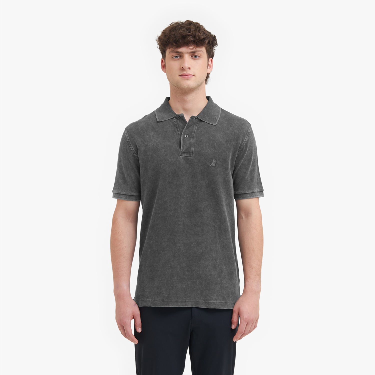 Man wearing a gray polo shirt on a white background