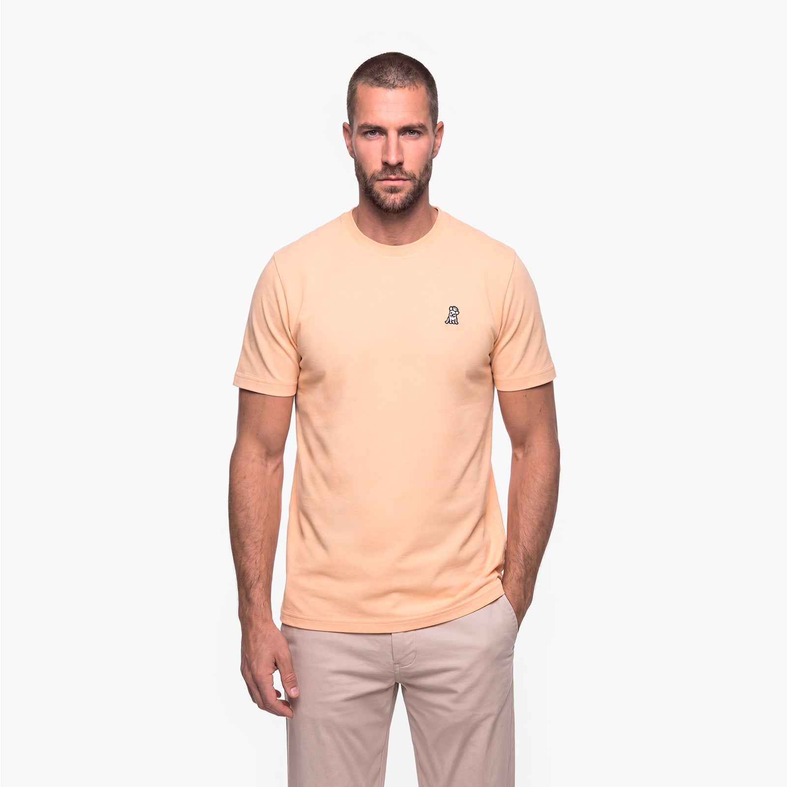 Man wearing a beige t-shirt with a small logo on a white background