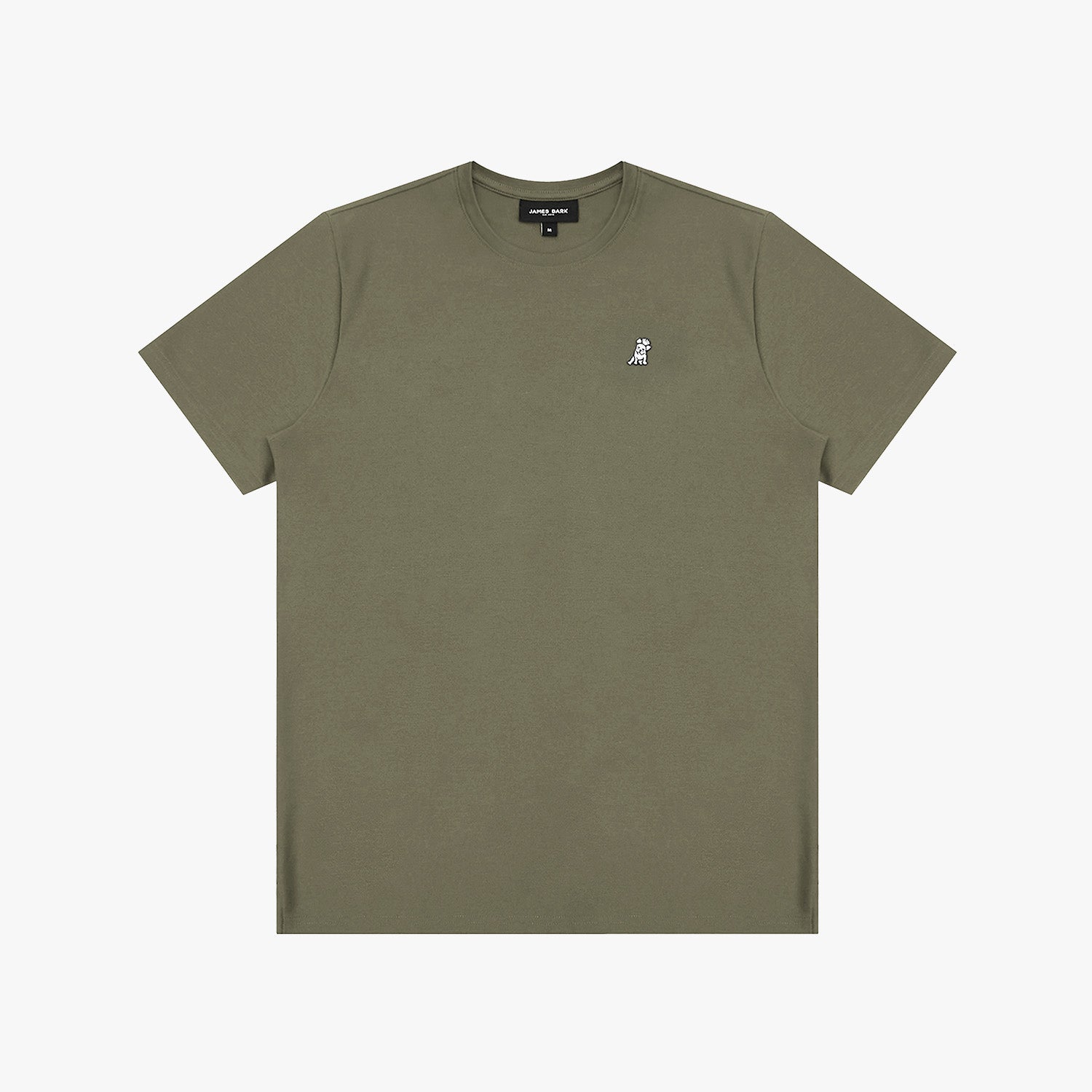 Green t-shirt with a small logo on a white background