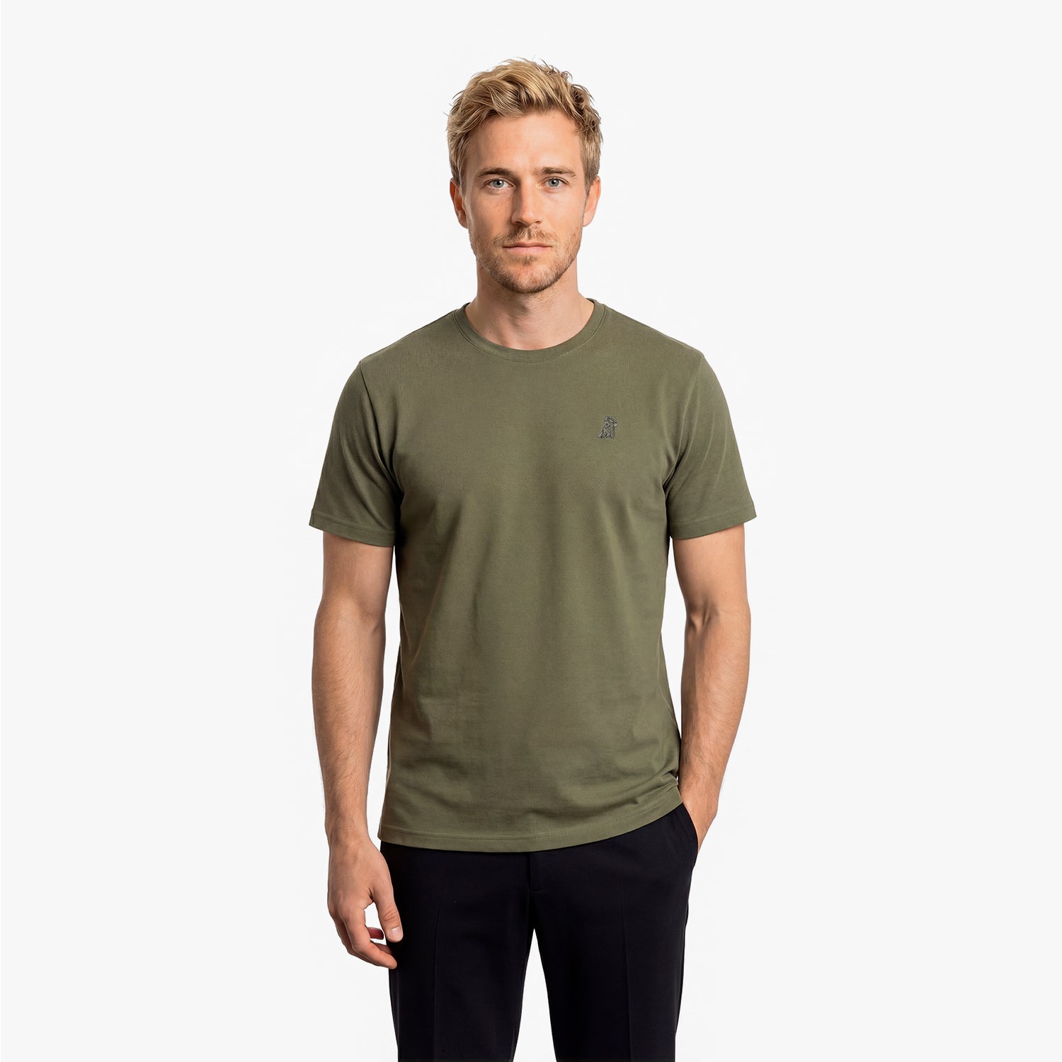 Man wearing an olive green t-shirt on a white background
