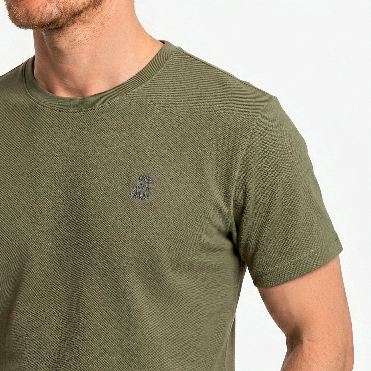 Close-up of a person wearing a green t-shirt with a small logo on a light gray background