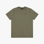 Olive green t-shirt with a small logo on a white background