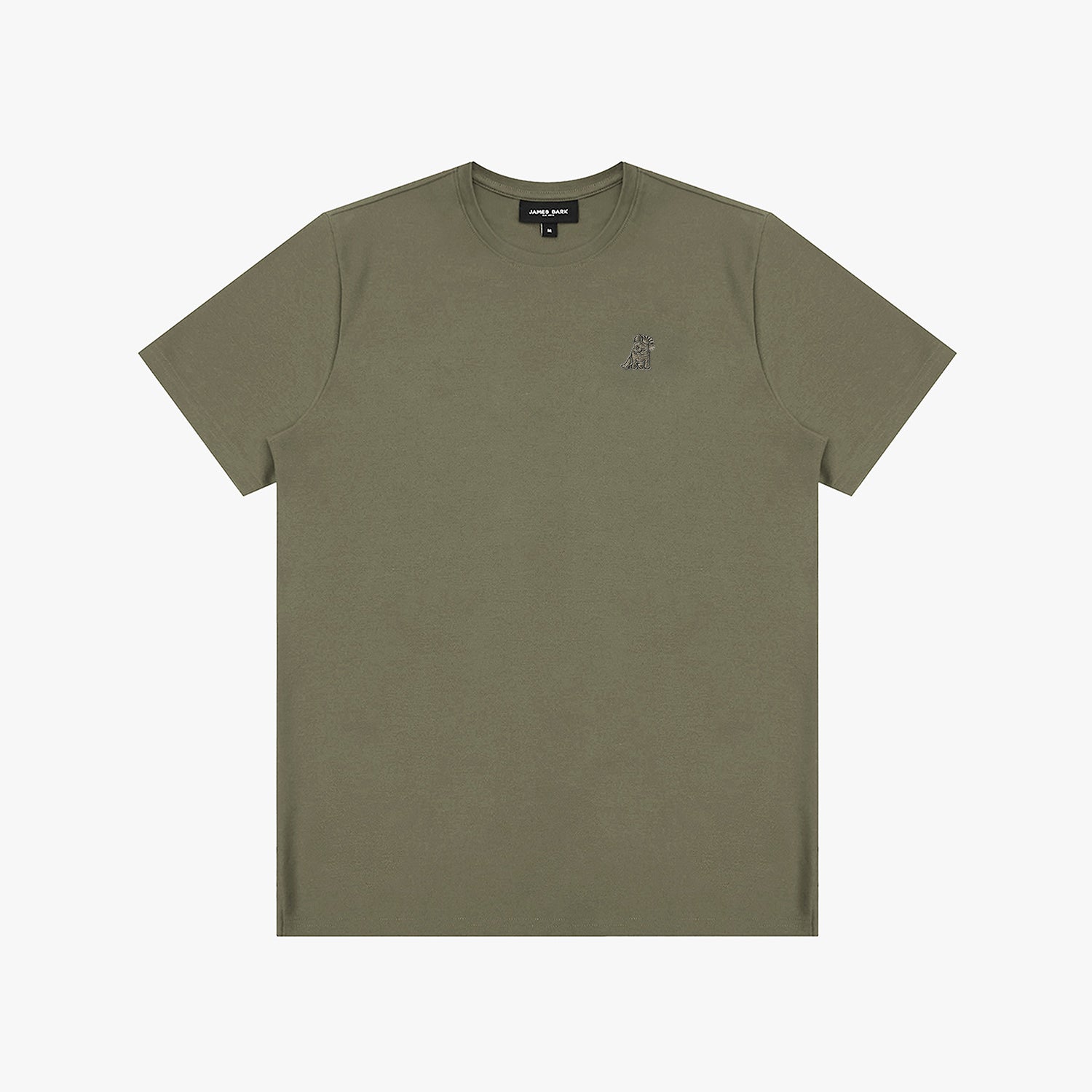 Olive green t-shirt with a small logo on a white background