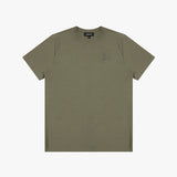 Olive green t-shirt with a small logo on a white background