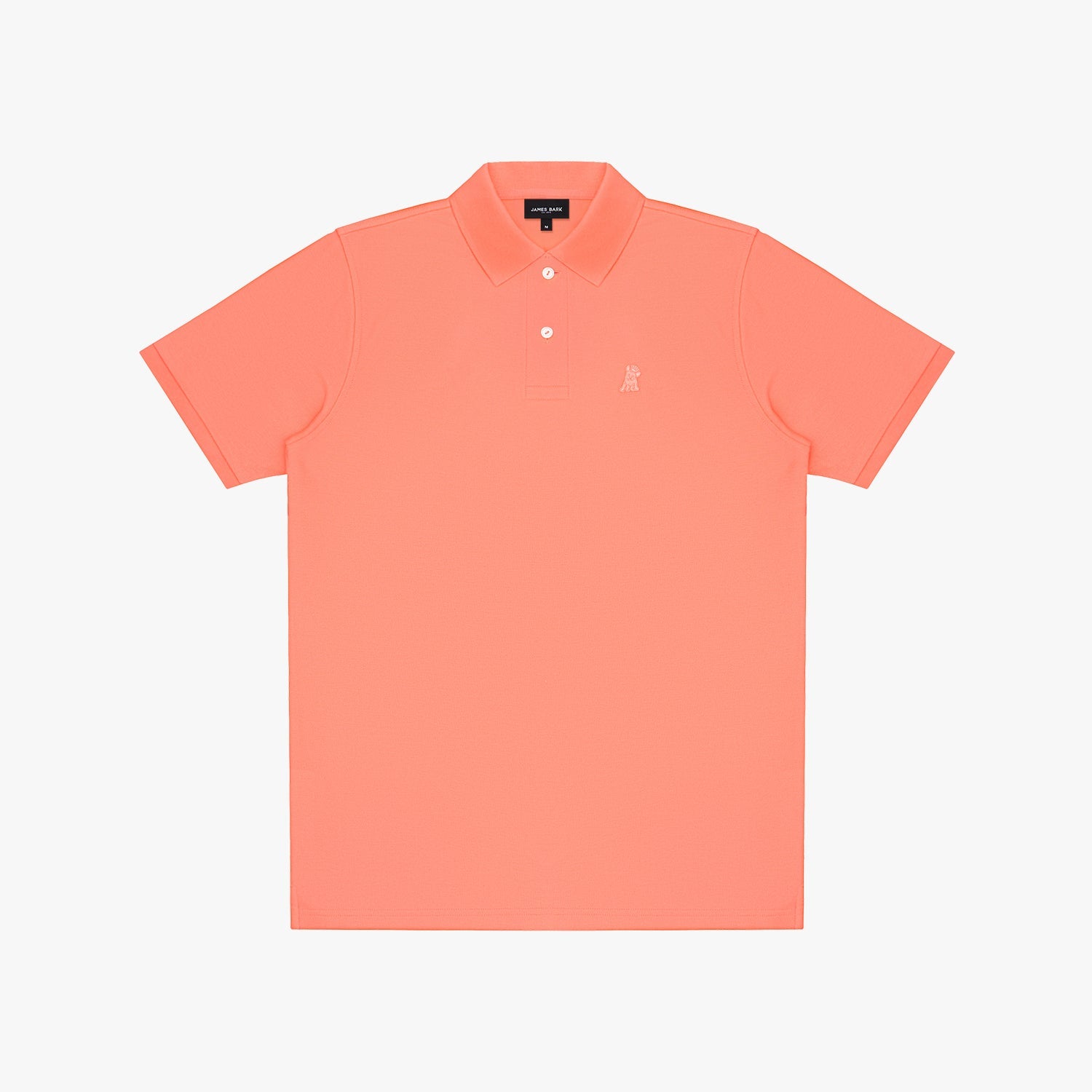 Coral polo shirt on a light gray background
