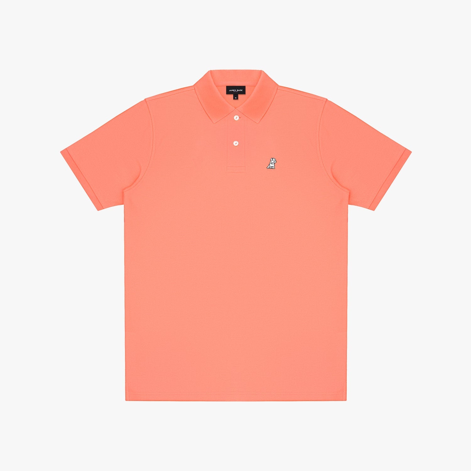 Coral polo shirt with a small logo on a light gray background