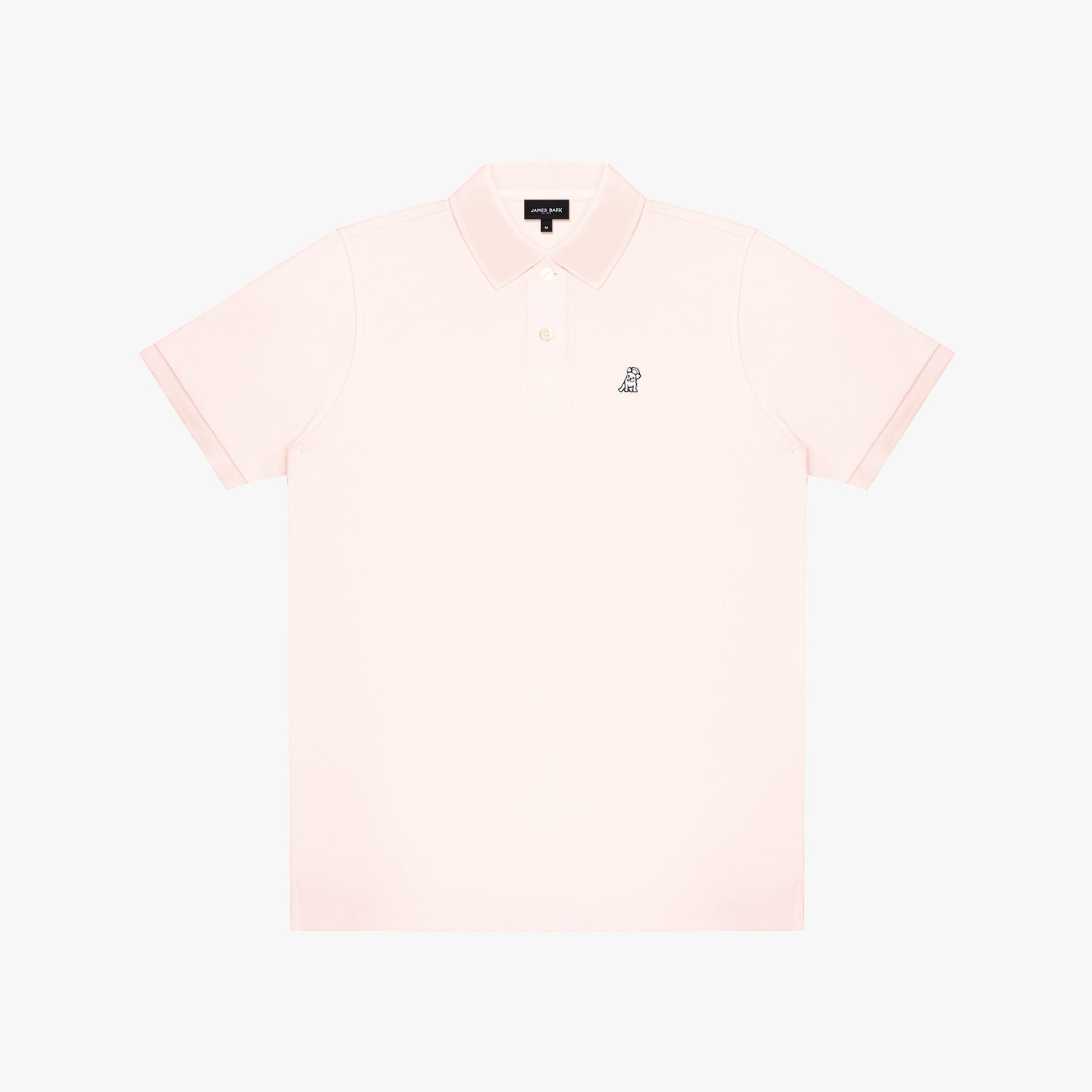 Light pink polo shirt with a small white logo on a white background