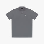 Gray polo shirt with a small logo on a white background