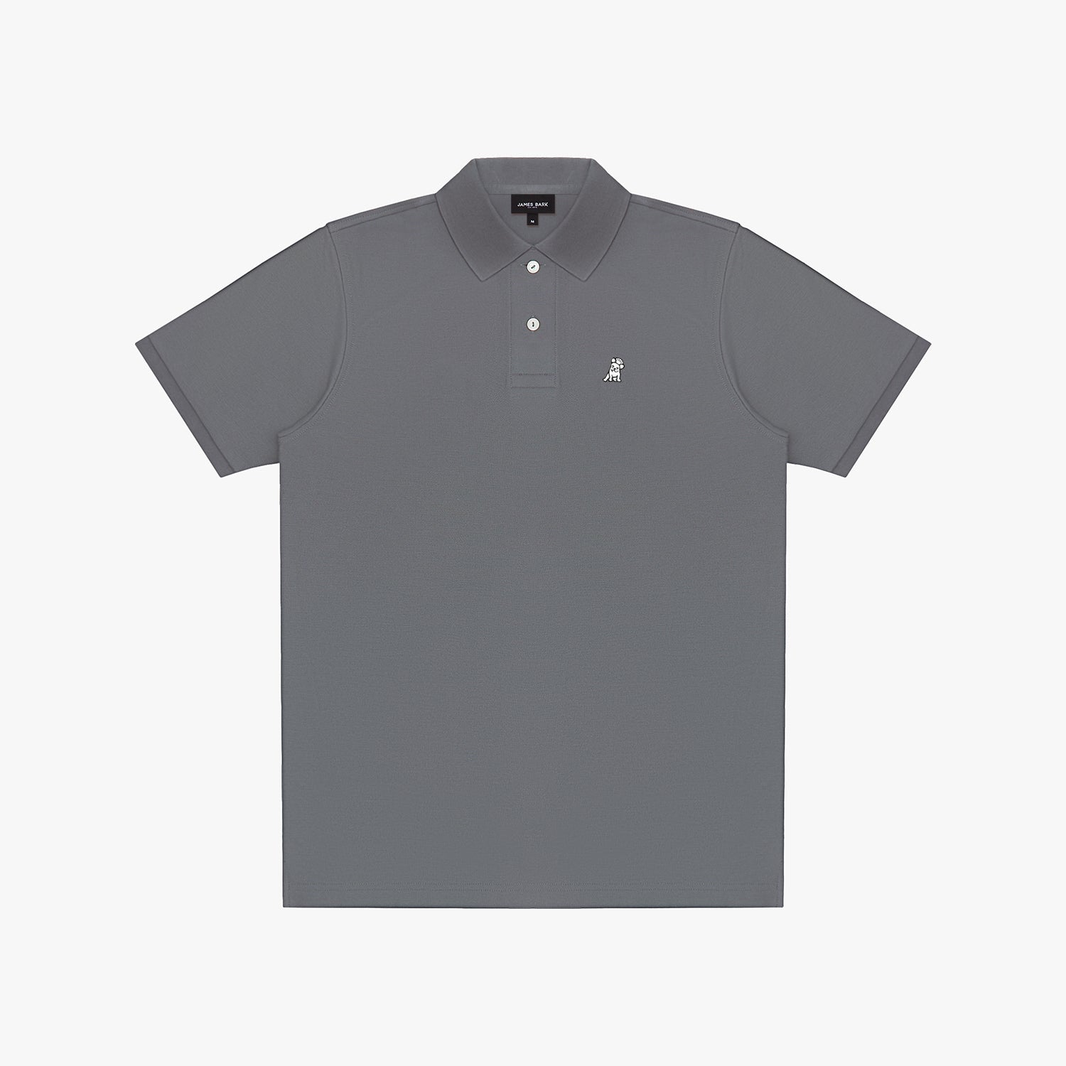 Gray polo shirt with a small logo on a white background