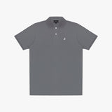 Gray polo shirt with a small logo on a white background