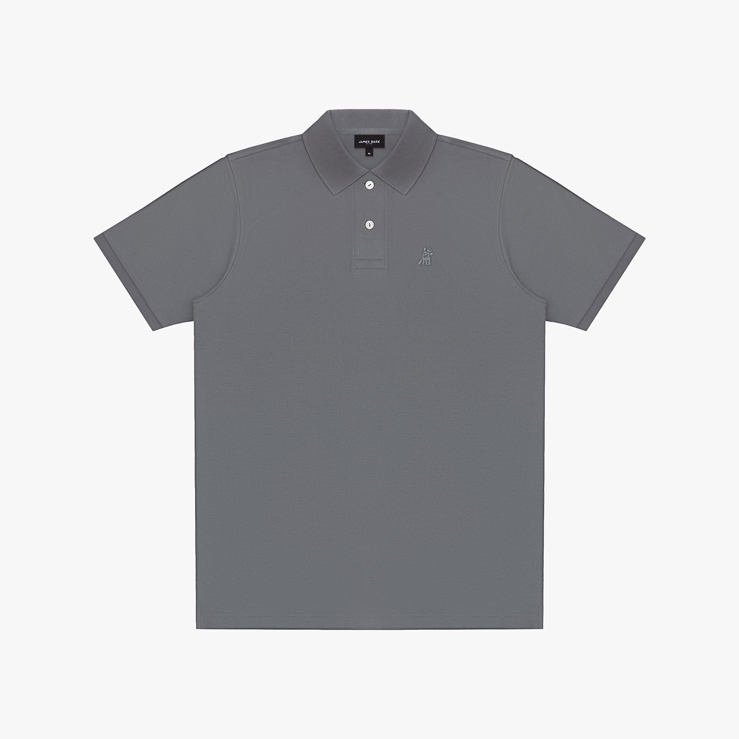 Gray polo shirt with a small logo on a white background